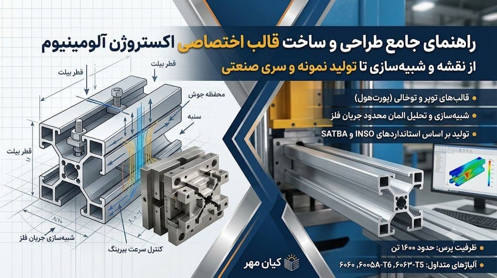 قالب فولادی ماشین‌کاری‌شده‌ی اکستروژن در کنار پروفیل آلومینیومی خروجی آن روی خط پرس